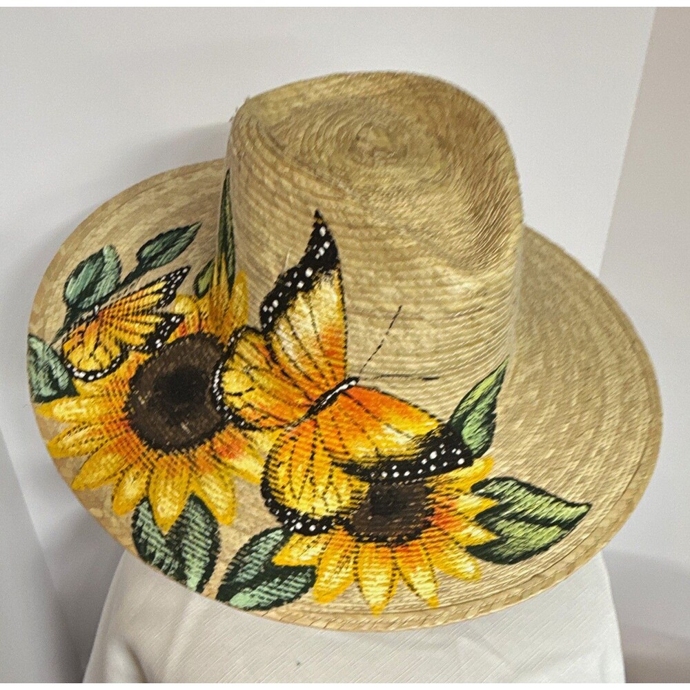 Authentic Hand-Painted Mexican Straw Hat – Sunflower & Monarch Butterfly Design